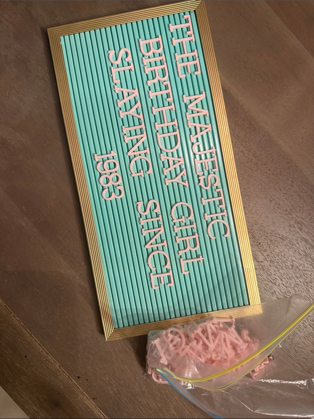 Source Unknown Teal Letter Board with Pink Letters and Gold Frame